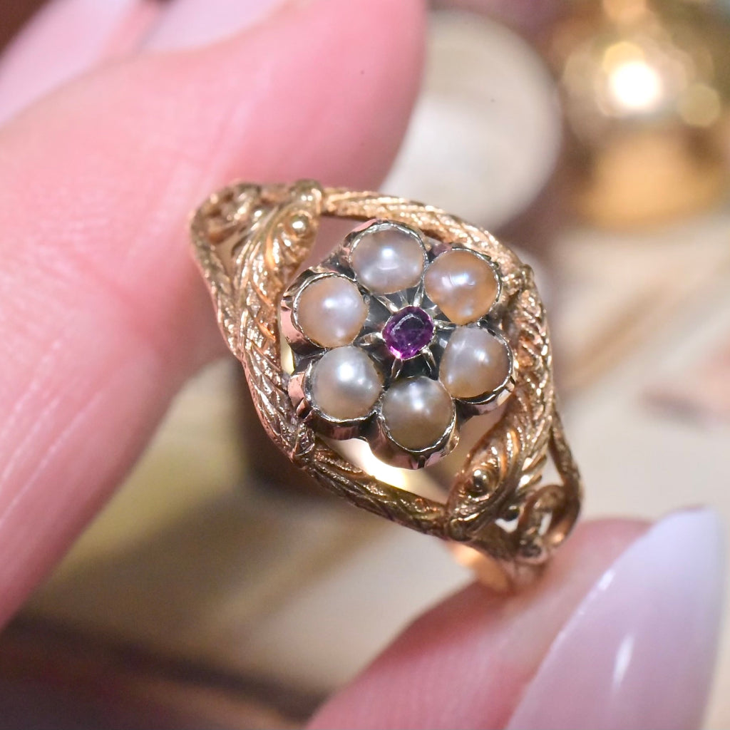 Antique Georgian/Early Victorian 18ct Gold Ruby Pearl Double Ouroboros Ring Circa 1820-50