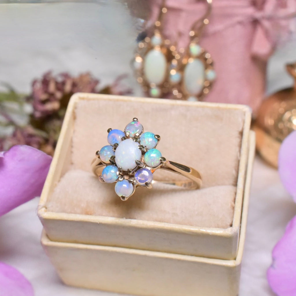 Vintage 9ct Yellow Gold Solid Opal Cluster Ring - London 1985