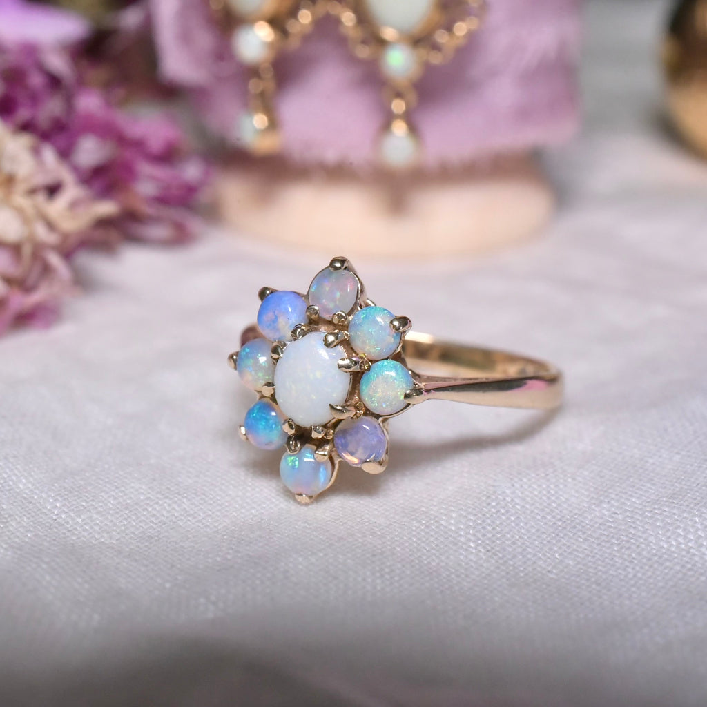 Vintage 9ct Yellow Gold Solid Opal Cluster Ring - London 1985