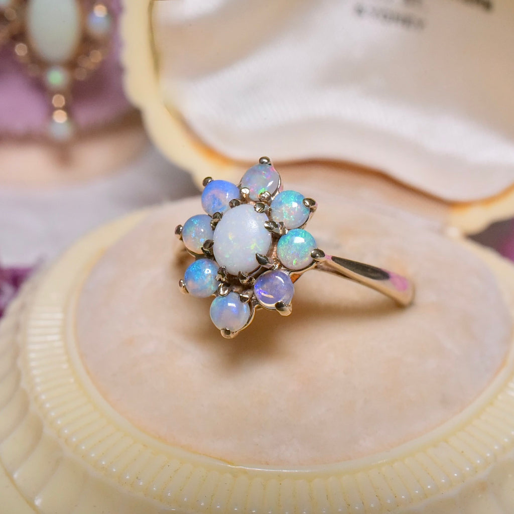 Vintage 9ct Yellow Gold Solid Opal Cluster Ring - London 1985