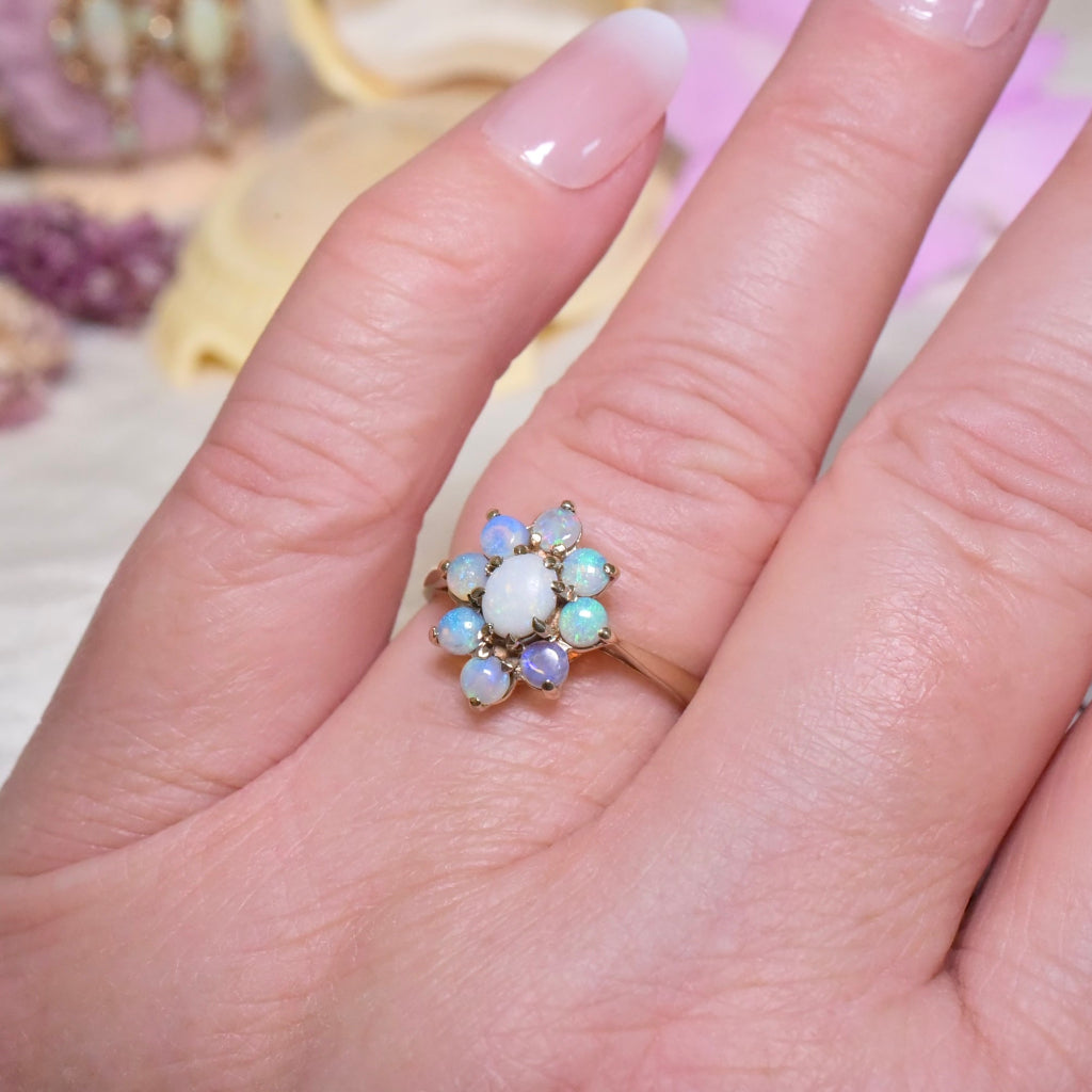 Vintage 9ct Yellow Gold Solid Opal Cluster Ring - London 1985