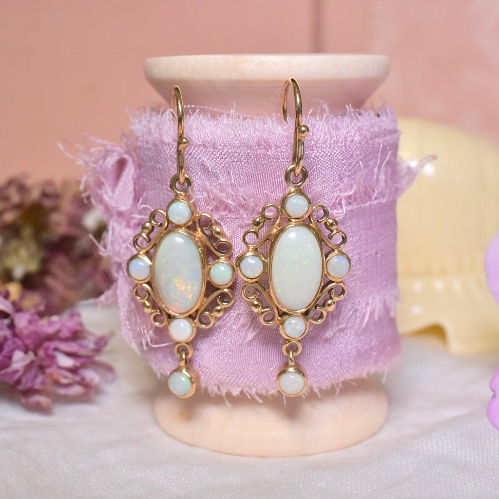 Contemporary 9ct Yellow Gold Solid Crystal Opal Drop Earrings