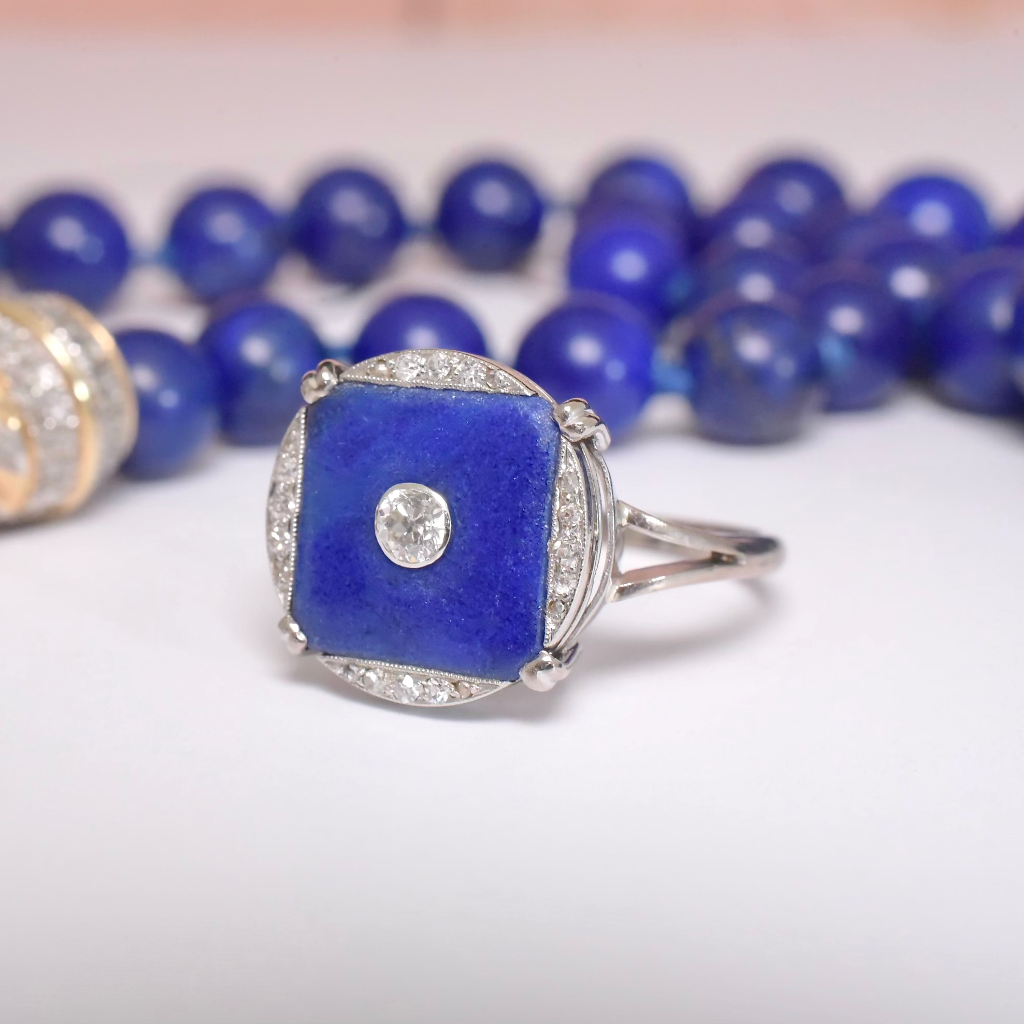 Antique Art Deco 18ct White Gold Diamond & Lapis Lazuli Ring Circa 1930