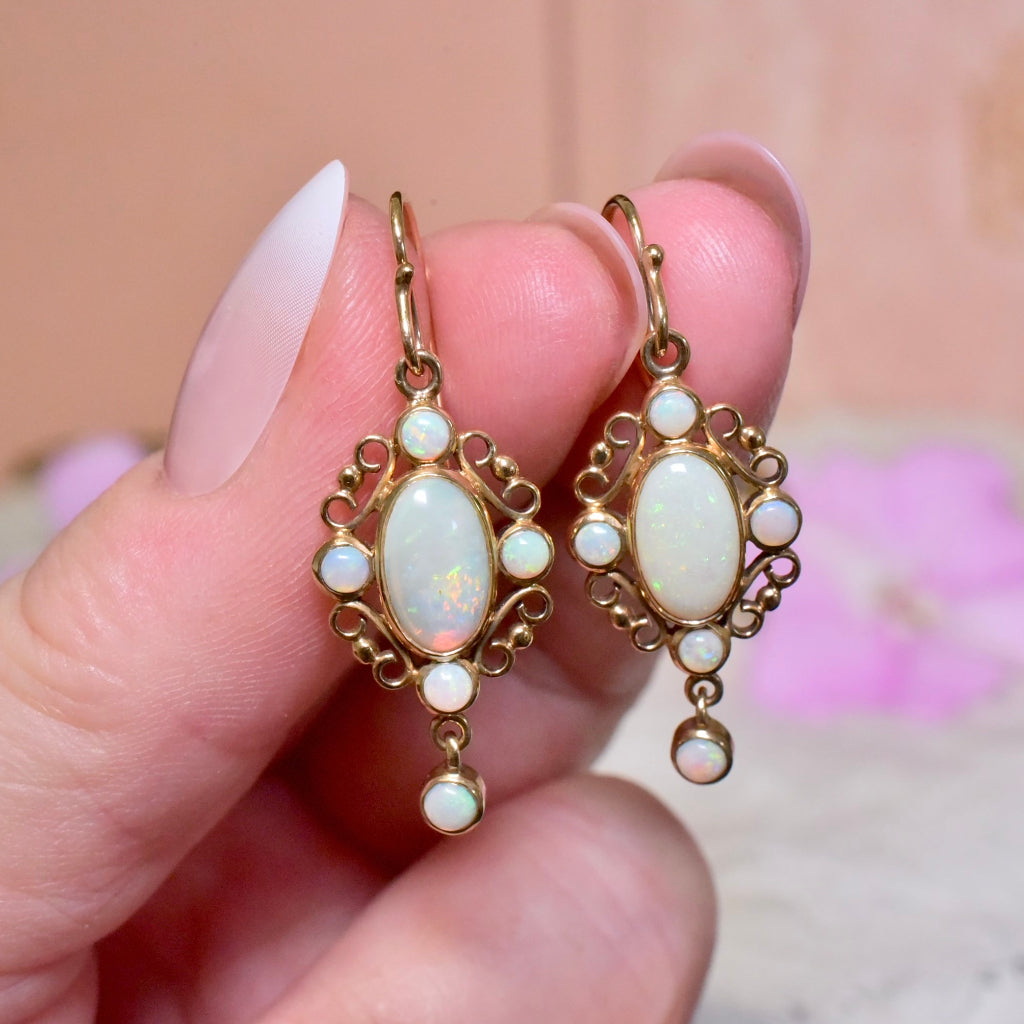 Contemporary 9ct Yellow Gold Solid Crystal Opal Drop Earrings