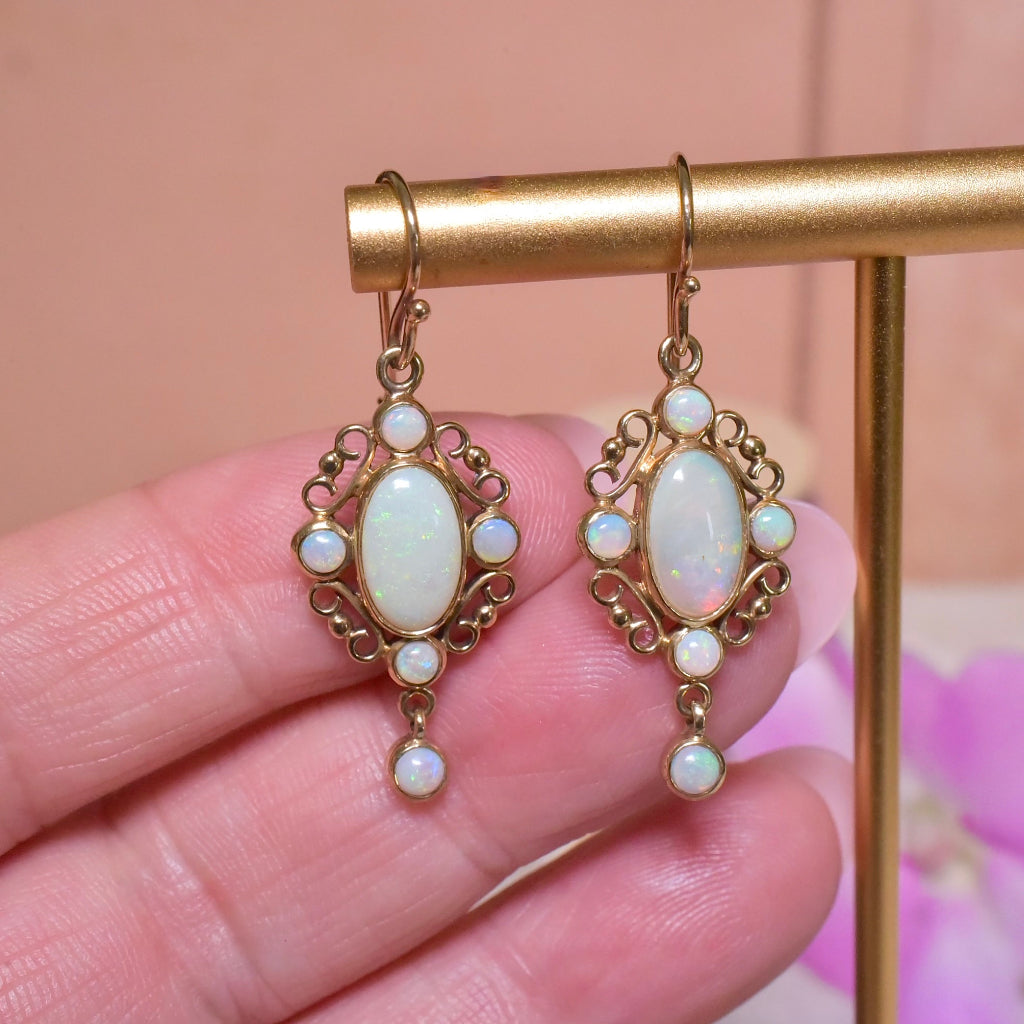 Contemporary 9ct Yellow Gold Solid Crystal Opal Drop Earrings