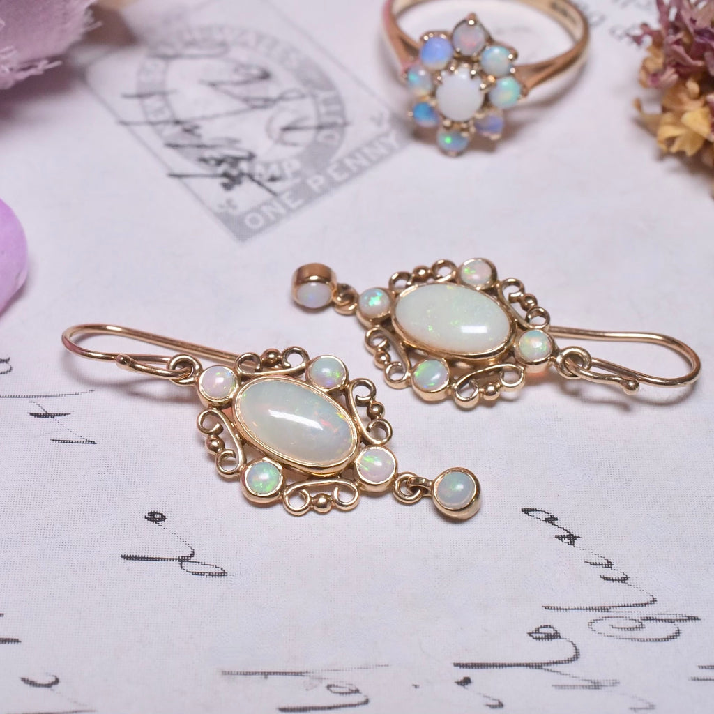 Contemporary 9ct Yellow Gold Solid Crystal Opal Drop Earrings