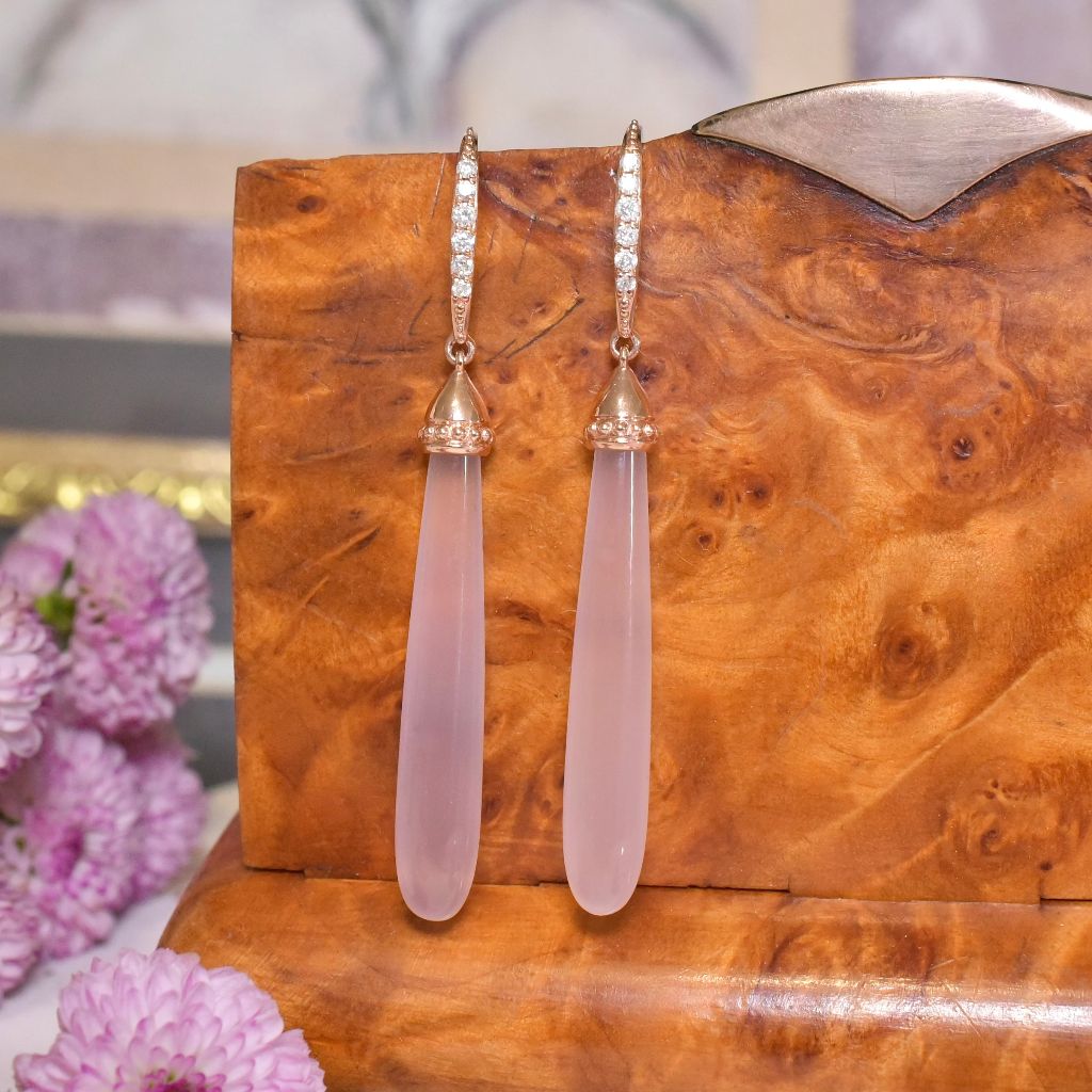 Modern 14ct Rose Gold Rose Quartz And Diamond ‘Torpedo’ Earrings