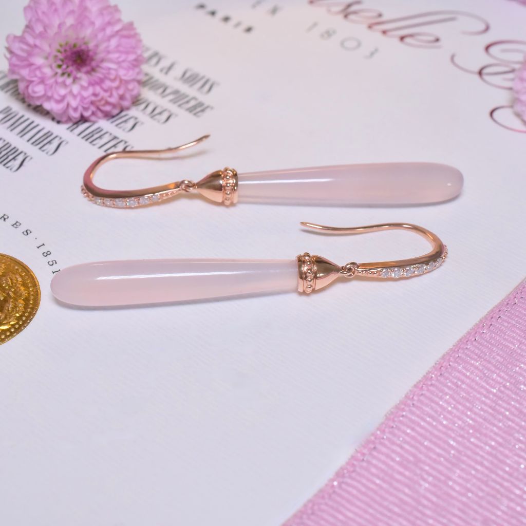 Modern 14ct Rose Gold Rose Quartz And Diamond ‘Torpedo’ Earrings