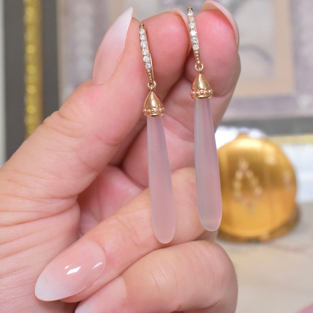 Modern 14ct Rose Gold Rose Quartz And Diamond ‘Torpedo’ Earrings