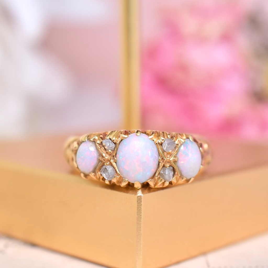 Antique Australian 18ct Yellow Gold Opal And Diamond Ring By ‘DUNKLINGS’ Circa 1900-1910