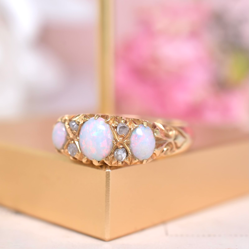 Antique Australian 18ct Yellow Gold Opal And Diamond Ring By ‘DUNKLINGS’ Circa 1900-1910
