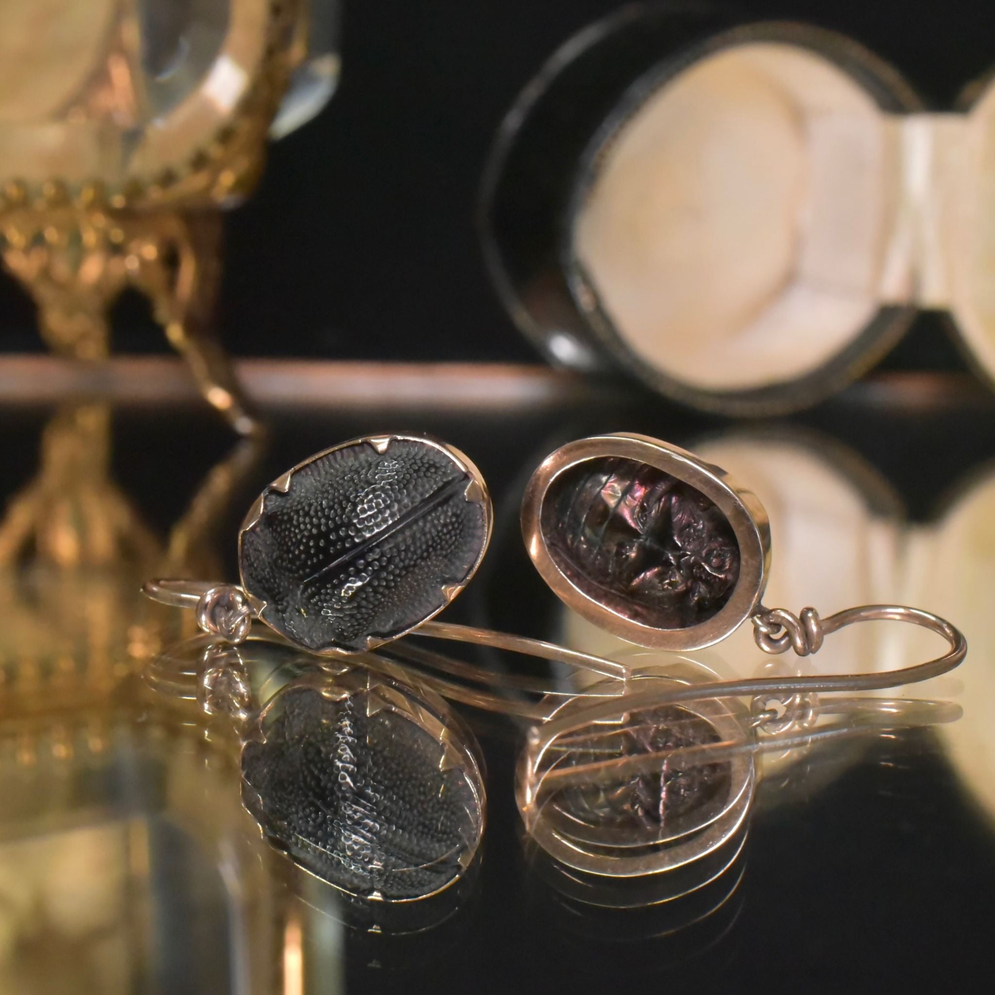 Antique Victorian Egyptian Revival 9ct Rose Gold Scarab Beetle Earrings Circa 1890-1900