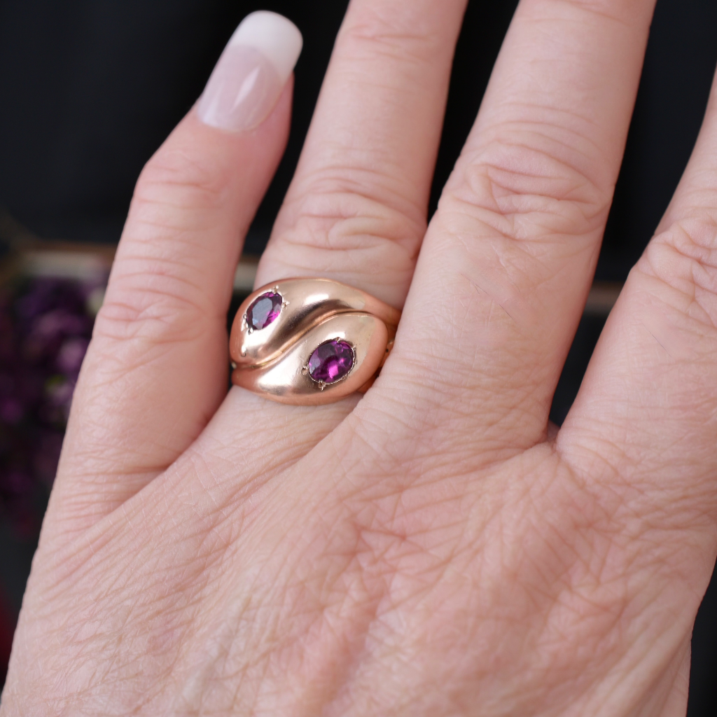 Antique Victorian/Edwardian 9ct Rose Gold And Garnet Double Snake Ring Circa 1900