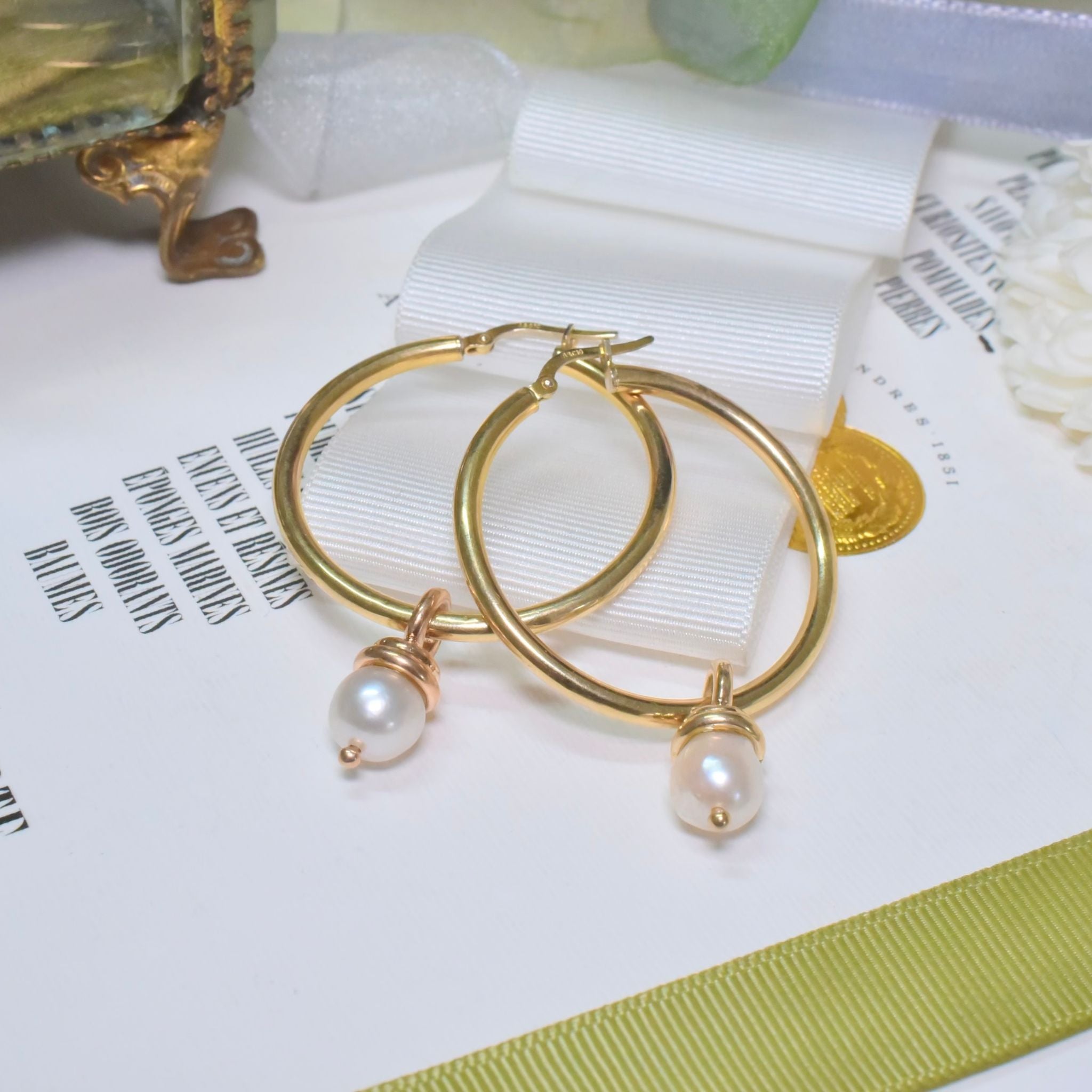 Modern Italian 9ct Yellow Gold Hoops With Removable 9ct Gold Pearl Drops