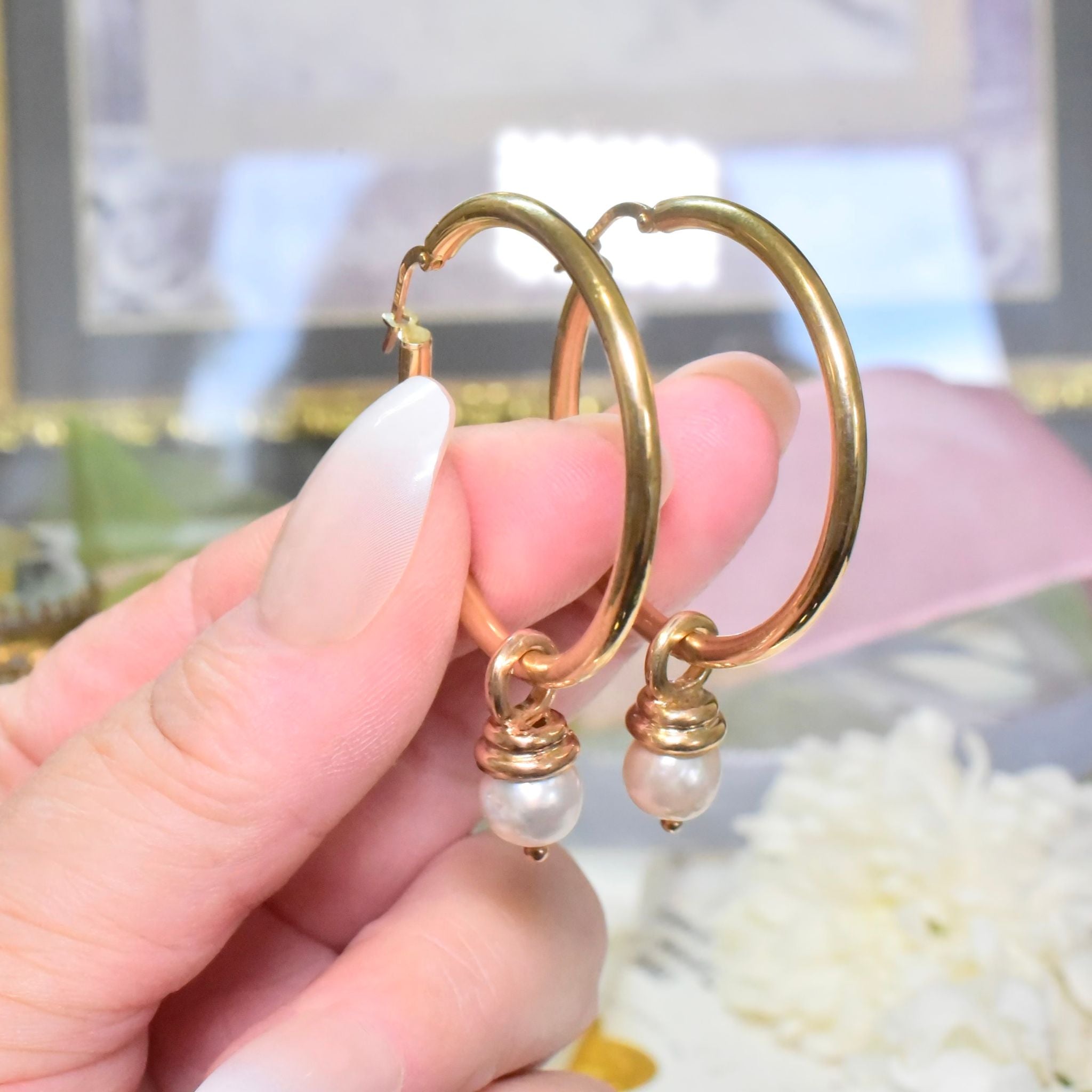 Modern Italian 9ct Yellow Gold Hoops With Removable 9ct Gold Pearl Drops