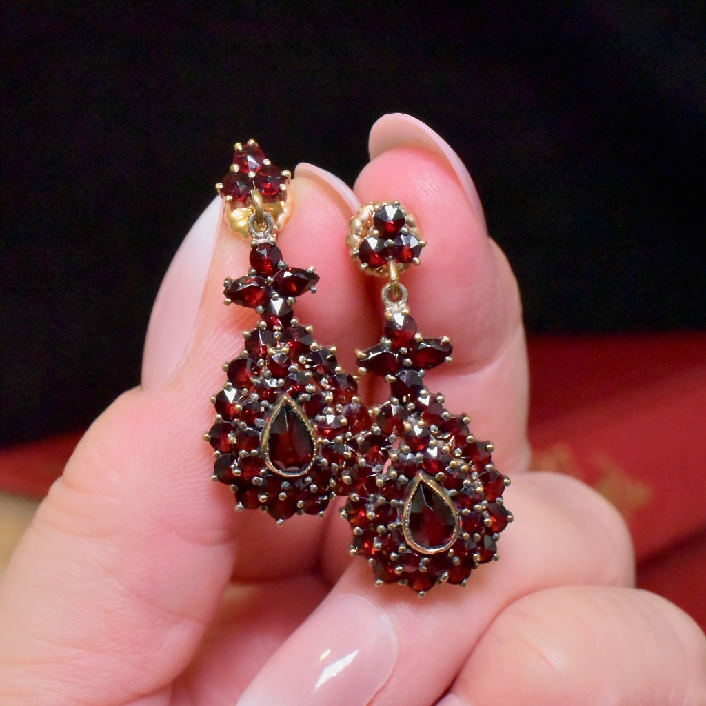 Antique Early 20th Century Bohemian Garnet Pendeloque Drop Earrings Circa 1920-30’s