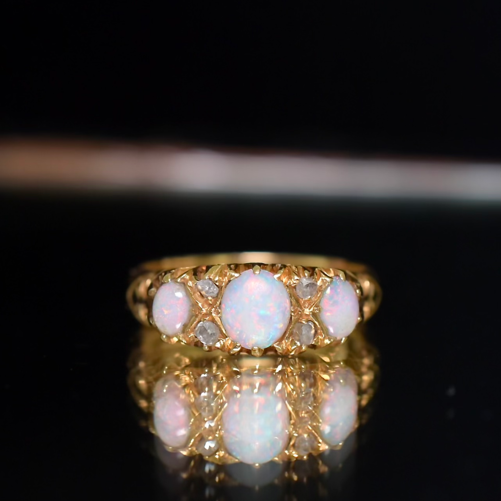 Antique Australian 18ct Yellow Gold Opal And Diamond Ring By ‘DUNKLINGS’ Circa 1900-1910