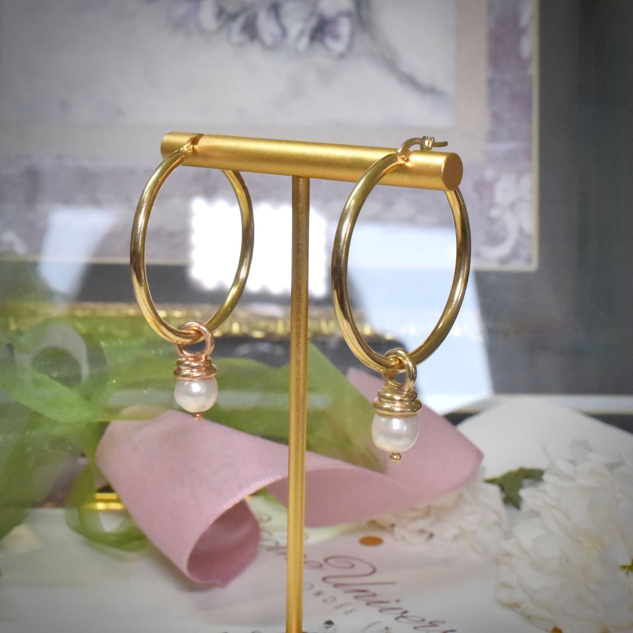 Modern Italian 9ct Yellow Gold Hoops With Removable 9ct Gold Pearl Drops