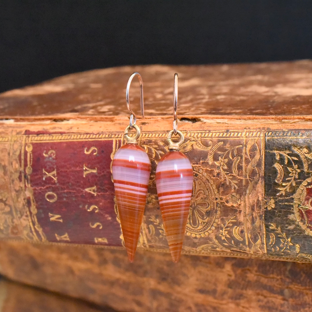 Antique French Banded Agate Amphora Earrings Circa 1870
