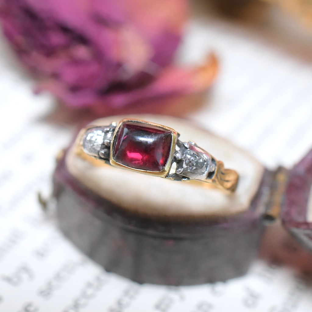 18th Century Georgian Rococo 20ct Gold Garnet And Diamond Ring - Inscribed for 1742