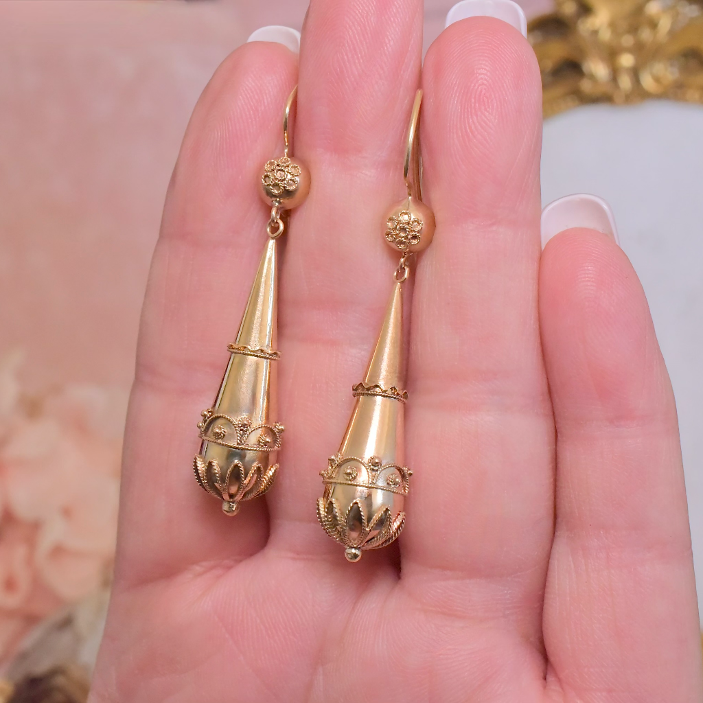 Modern 9ct Rose Gold Etruscan Revival Torpedo Drop Earrings