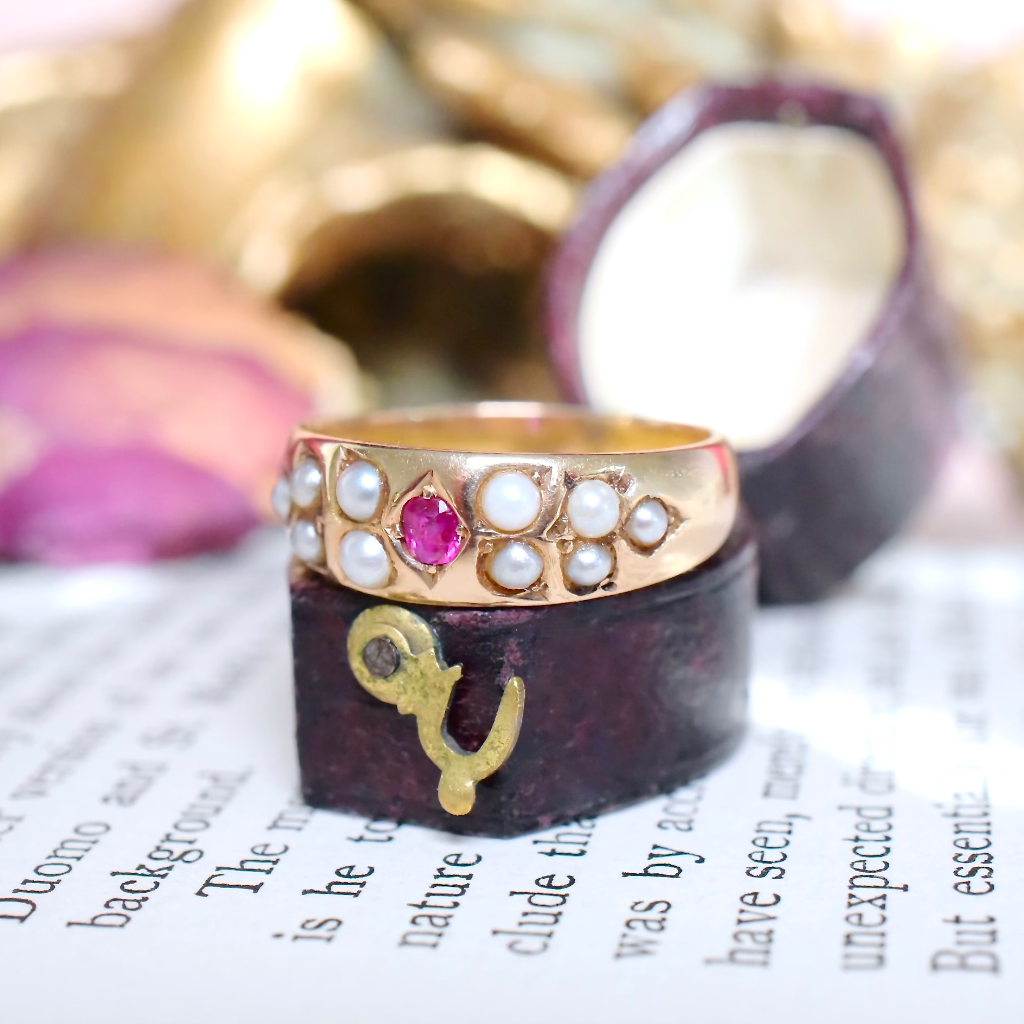 Antique Victorian 15ct Rose Gold Ruby And Seed Pearl Ring - 1883