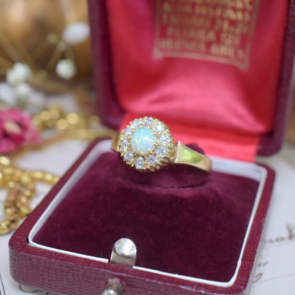 Antique Australian 18ct Yellow Gold Opal And Diamond Ring by P. Falk & Co. Circa 1915-20