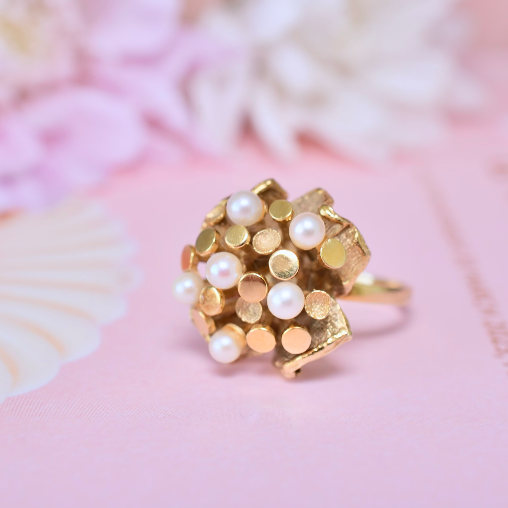 Vintage 14ct Yellow Gold Pearl ‘Abstract Floral’ Ring