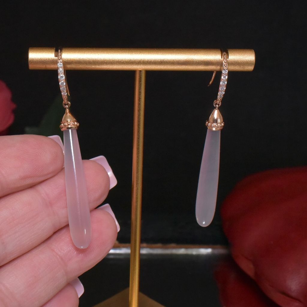 Modern 14ct Rose Gold Rose Quartz And Diamond ‘Torpedo’ Earrings