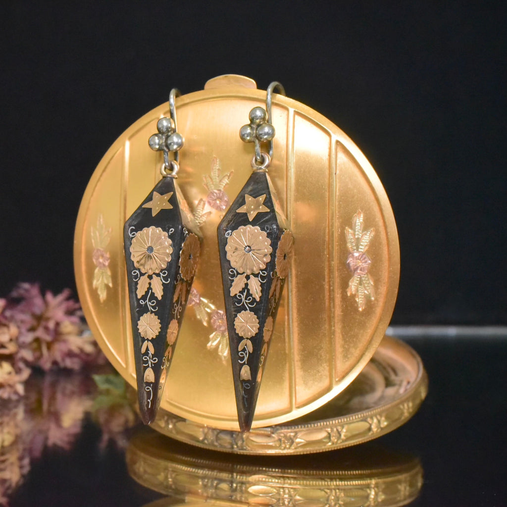 Antique Victorian Four Sided Obelisk Piqué Drop Earrings - Circa 1880-90