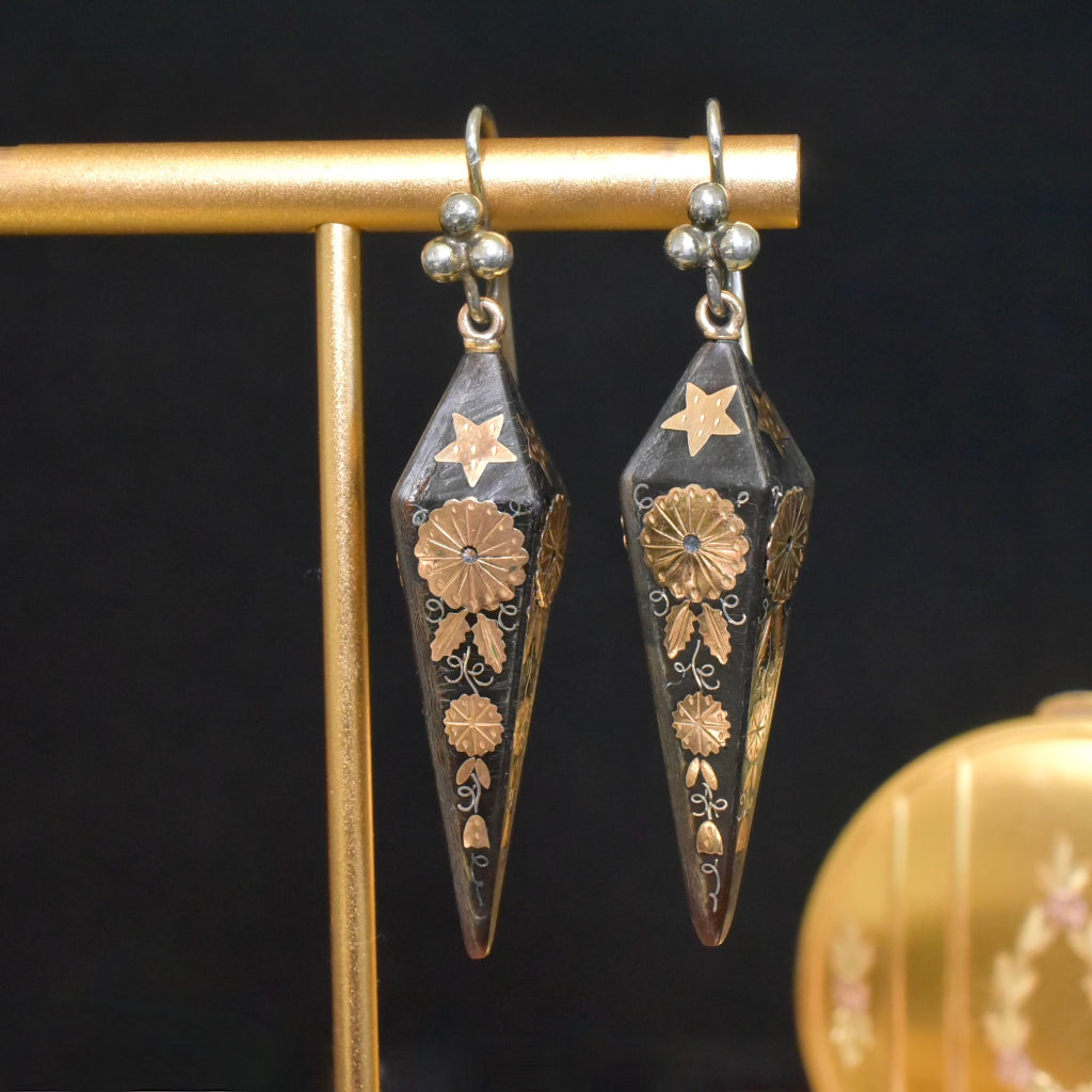 Antique Victorian Four Sided Obelisk Piqué Drop Earrings - Circa 1880-90