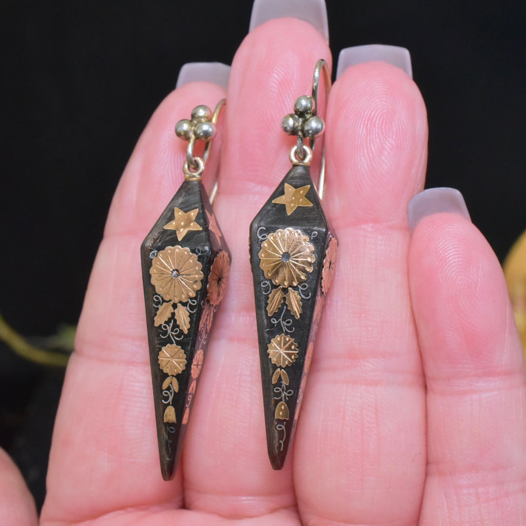 Antique Victorian Four Sided Obelisk Piqué Drop Earrings - Circa 1880-90