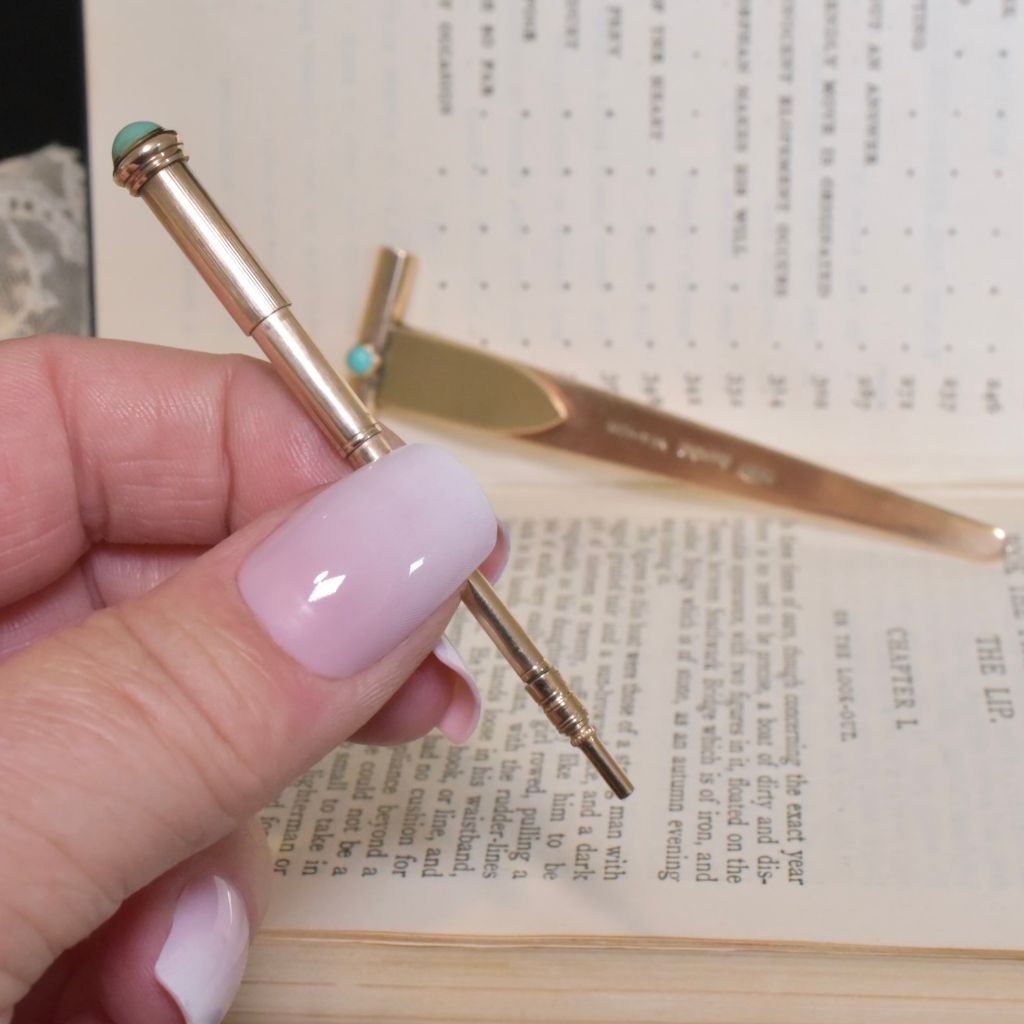 Fabulous Antique Art Deco 9ct Yellow Gold And Turquoise Duo Bookmark And Propelling Pencil By John Collard Vickery - London 1924