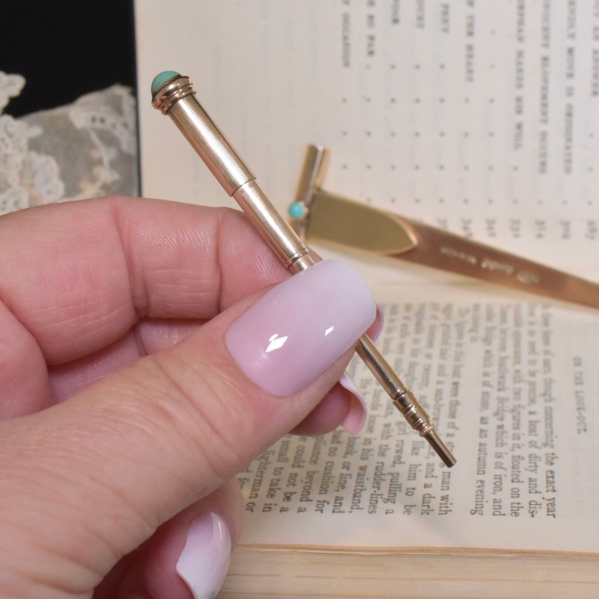 Fabulous Antique Art Deco 9ct Yellow Gold And Turquoise Duo Bookmark And Propelling Pencil By John Collard Vickery - London 1924