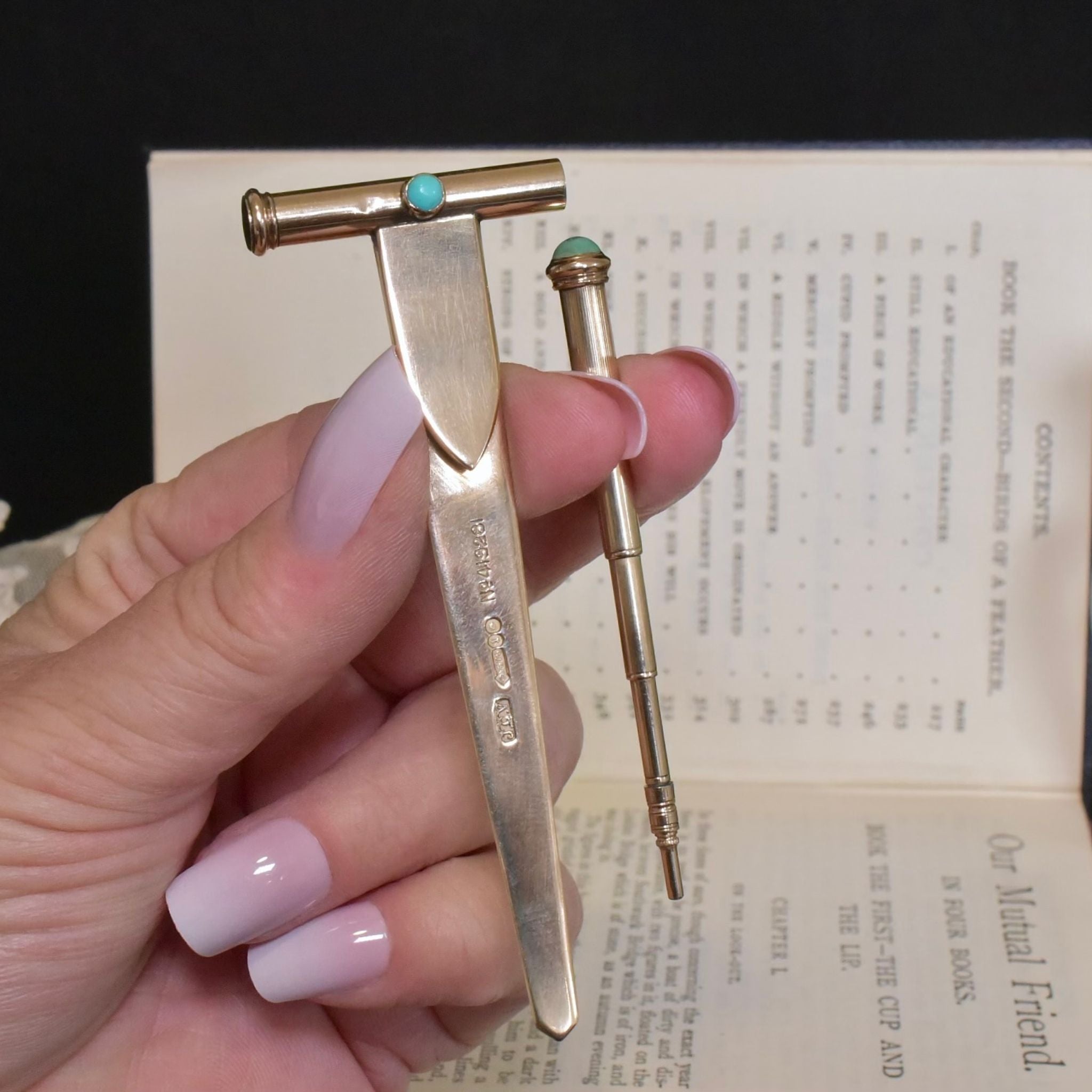 Fabulous Antique Art Deco 9ct Yellow Gold And Turquoise Duo Bookmark And Propelling Pencil By John Collard Vickery - London 1924