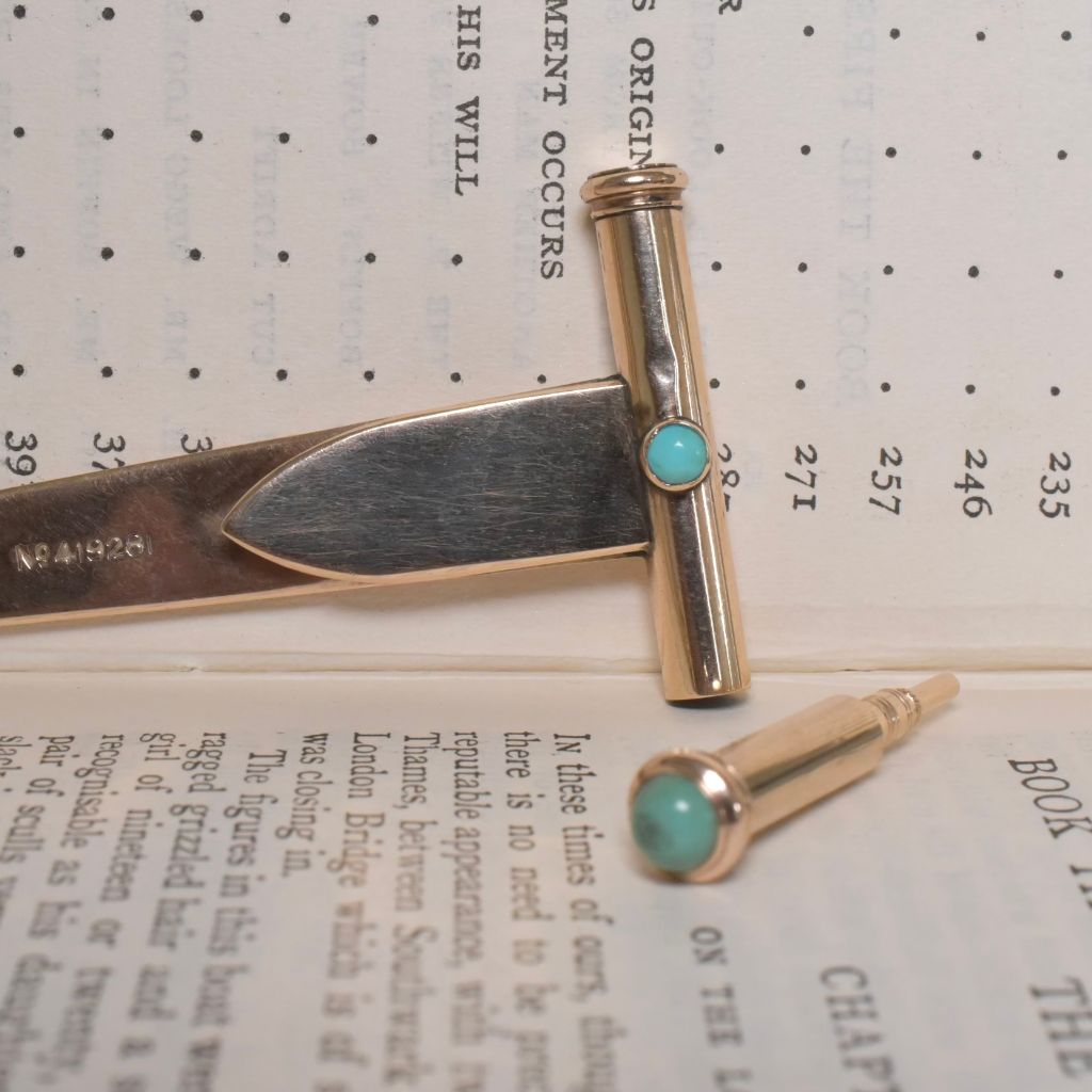 Fabulous Antique Art Deco 9ct Yellow Gold And Turquoise Duo Bookmark And Propelling Pencil By John Collard Vickery - London 1924