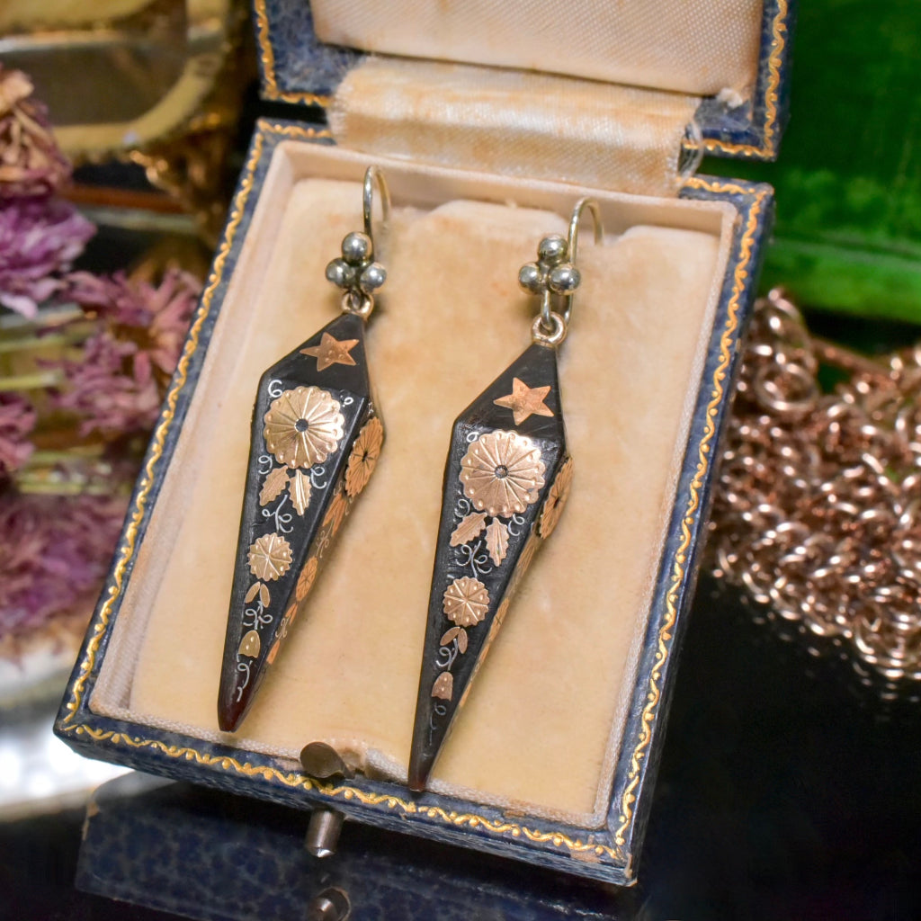 Antique Victorian Four Sided Obelisk Piqué Drop Earrings - Circa 1880-90