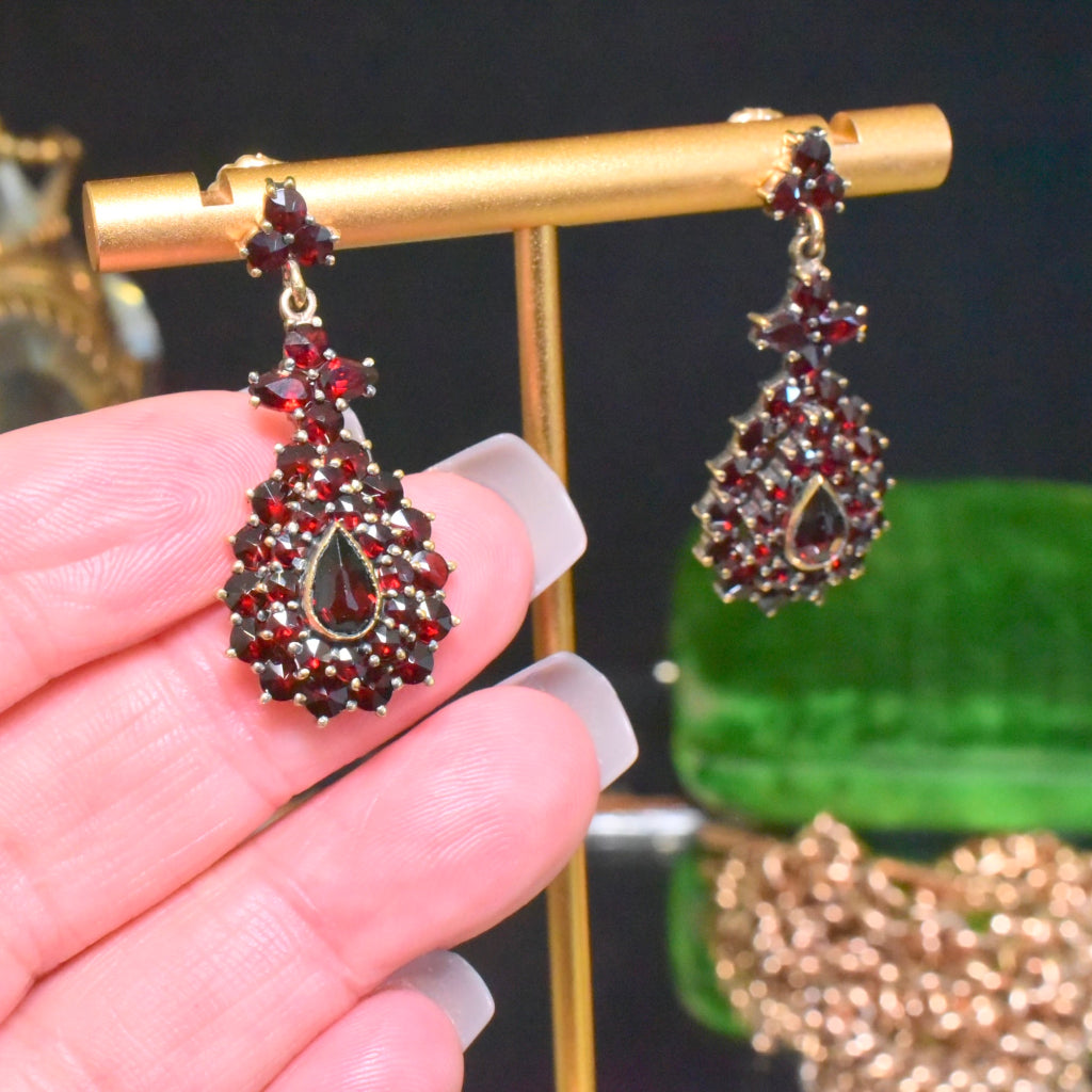 Antique Early 20th Century Bohemian Garnet Pendeloque Drop Earrings Circa 1920-30’s