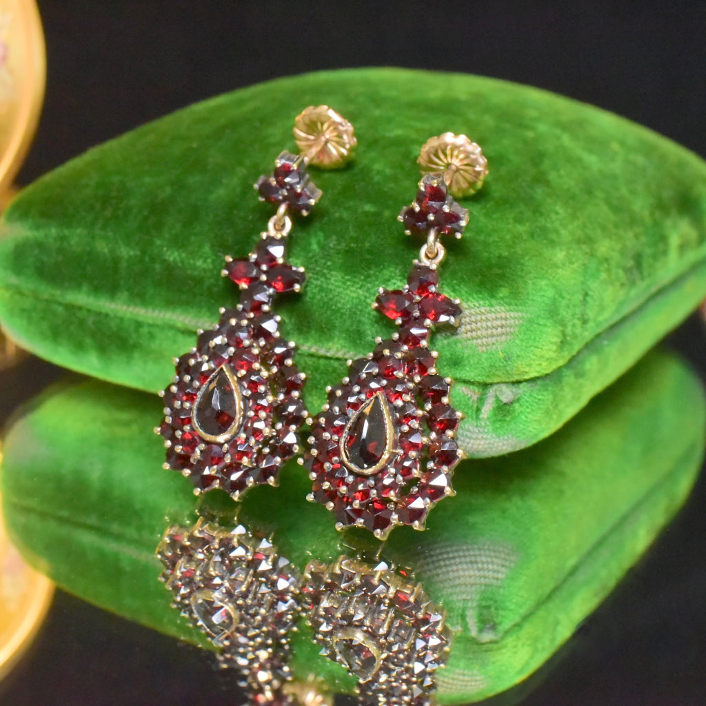 Antique Early 20th Century Bohemian Garnet Pendeloque Drop Earrings Circa 1920-30’s