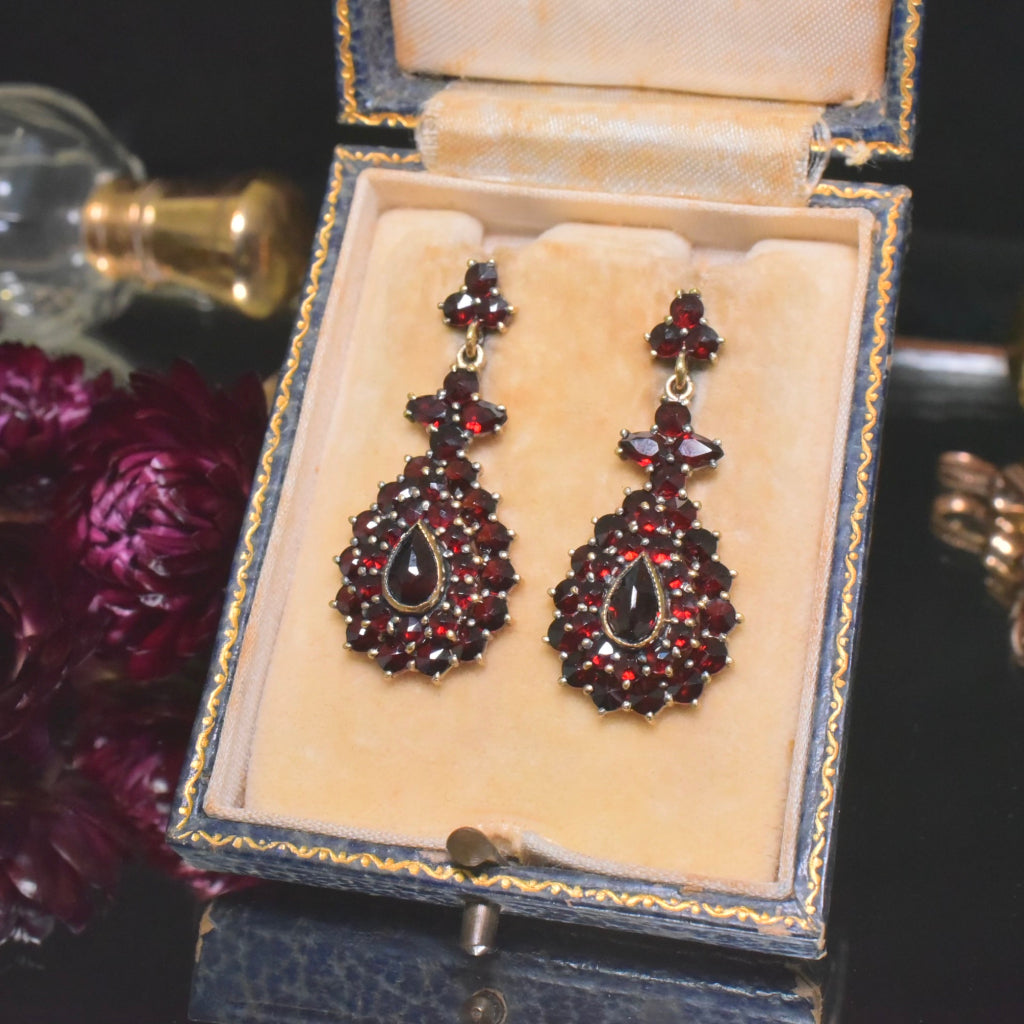 Antique Early 20th Century Bohemian Garnet Pendeloque Drop Earrings Circa 1920-30’s