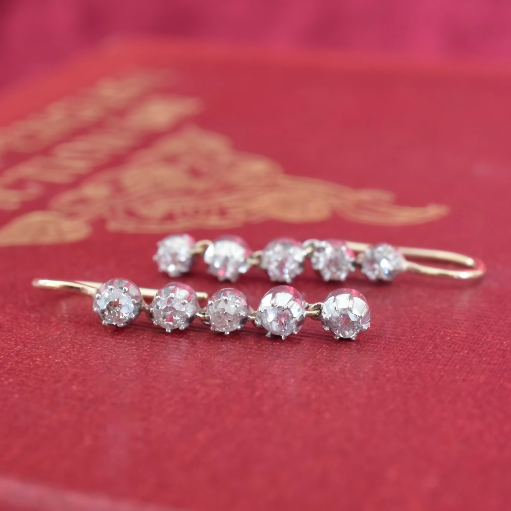 Antique Early Victorian 9ct And Silver Diamond Drop Earrings Circa 1850