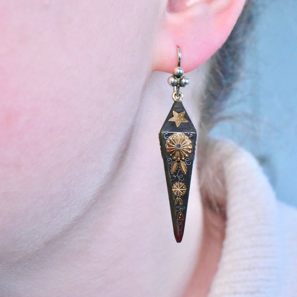 Antique Victorian Four Sided Obelisk Piqué Drop Earrings - Circa 1880-90