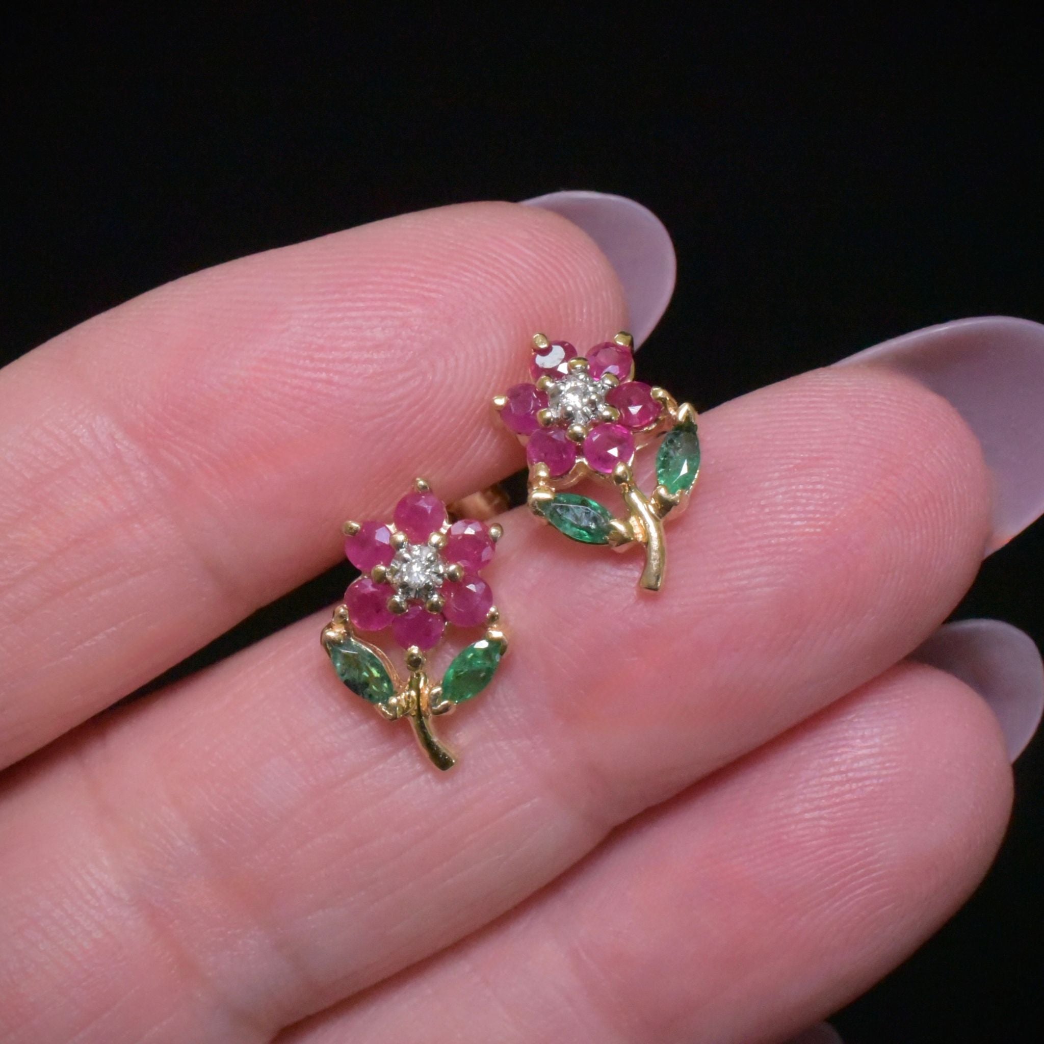 Contemporary 14ct Yellow Gold Diamond, Ruby And Emerald ‘Daisy’ Earrings
