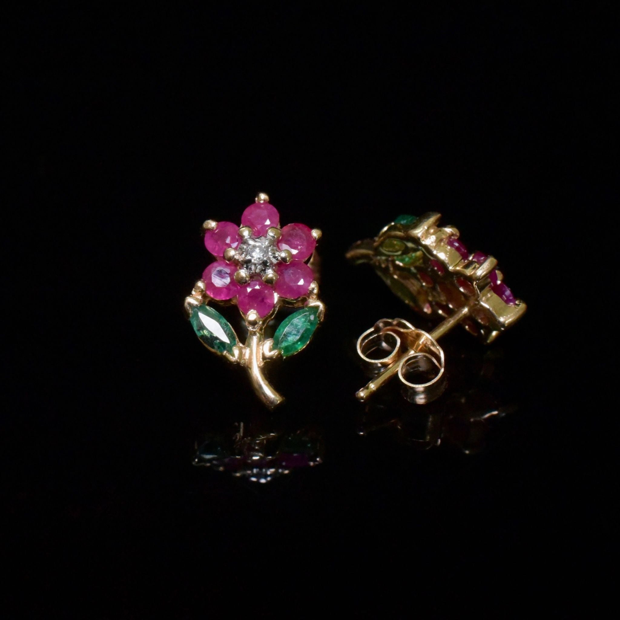 Contemporary 14ct Yellow Gold Diamond, Ruby And Emerald ‘Daisy’ Earrings