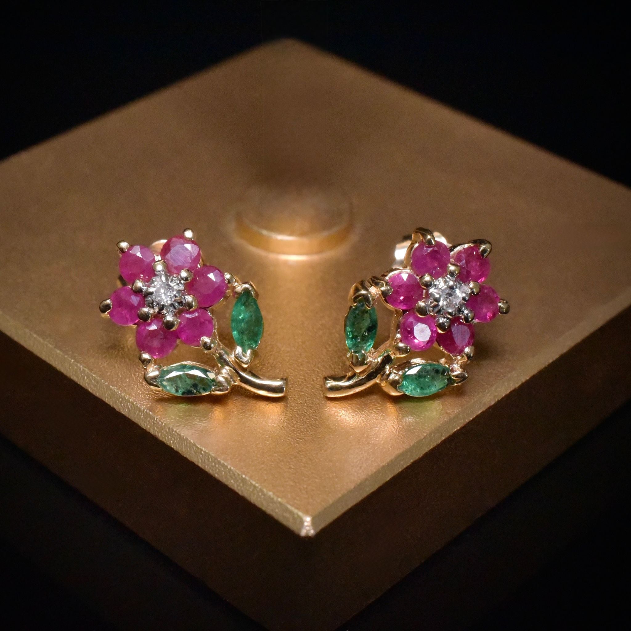 Contemporary 14ct Yellow Gold Diamond, Ruby And Emerald ‘Daisy’ Earrings
