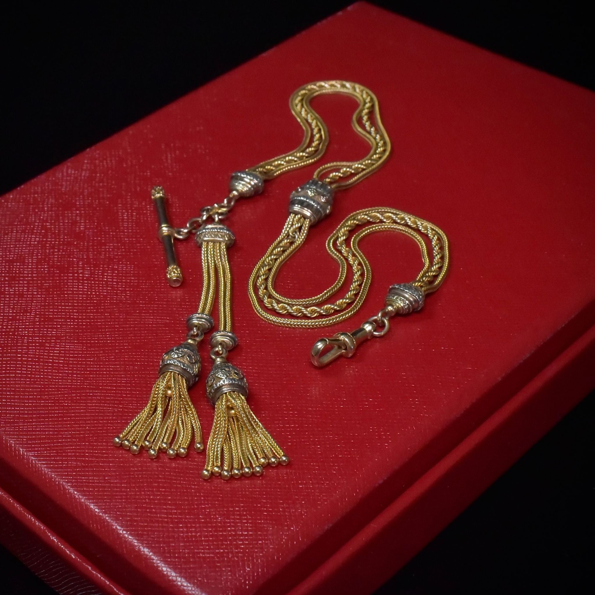 Outstanding Antique Victorian 9ct Tri-Colour Ladies Albertina Tassel Pocket Watch Chain Circa 1880-90