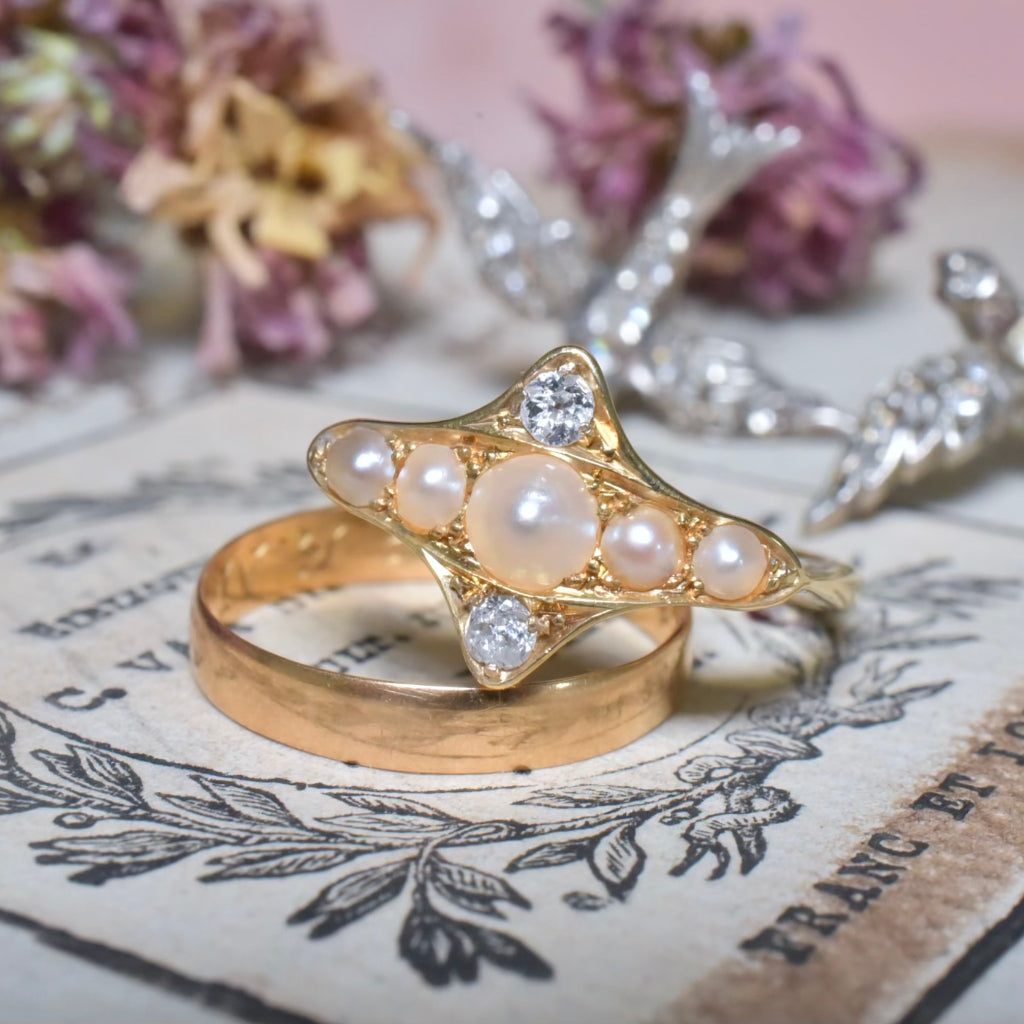 Antique Edwardian 18ct Yellow Gold Diamond And Half Pearl Ring Circa 1900-1910