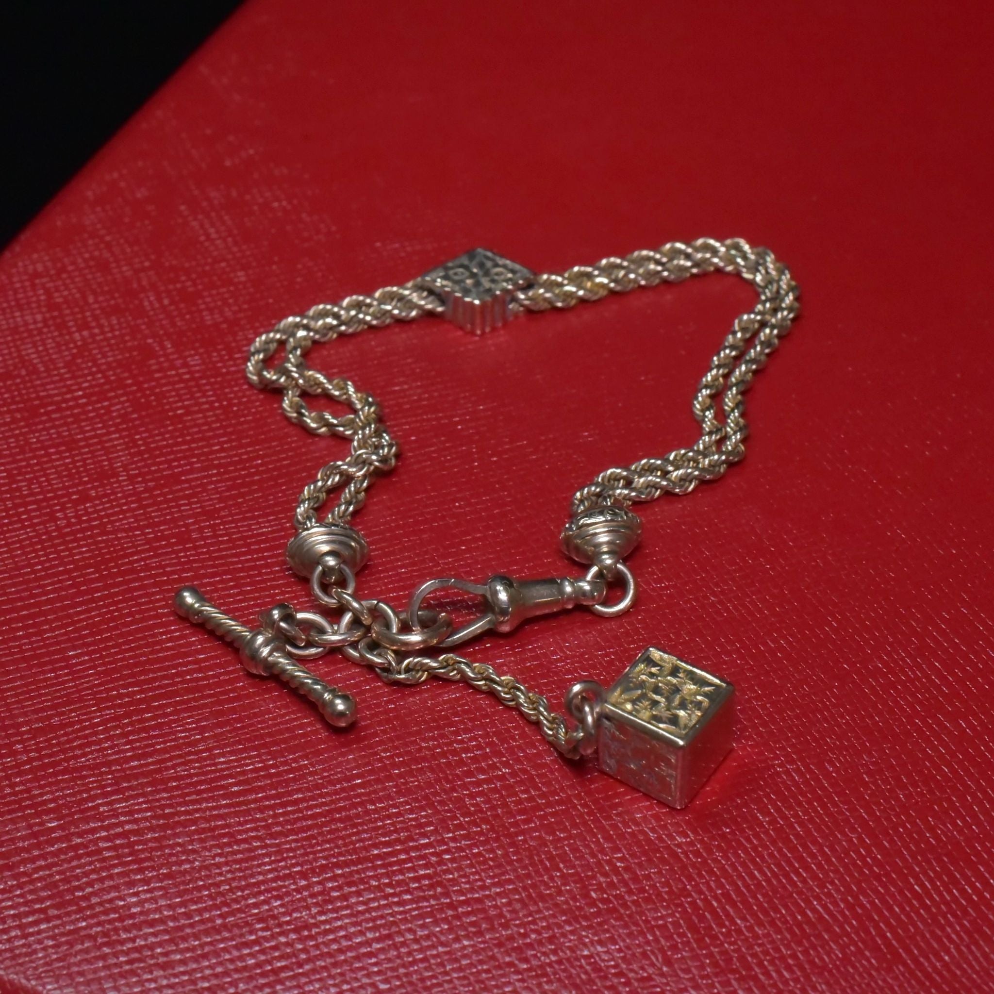 Antique Victorian 9ct Rose Gold Albertina Fob And T-Bar Bracelet
