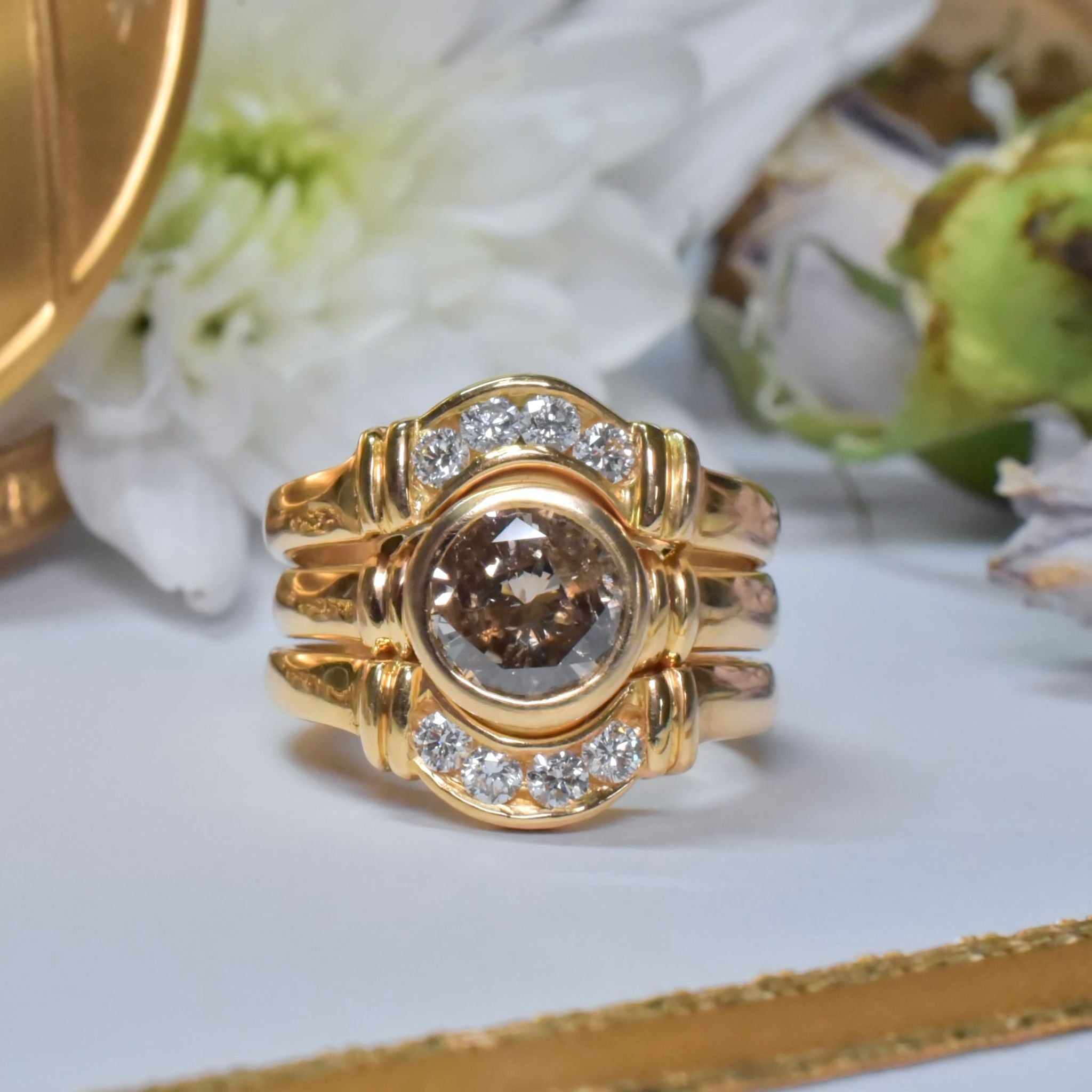 Contemporary 18ct Yellow Gold 1.34ct Champagne Diamond With 2 X 18ct Diamond Bands Valuation of $24,300 AUD