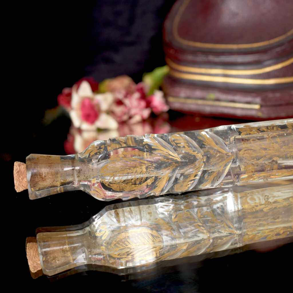 Antique Georgian ’Throwaway’ Laydown Blown Glass Enamel Gilded Perfume Bottle Circa 1800 - 1850